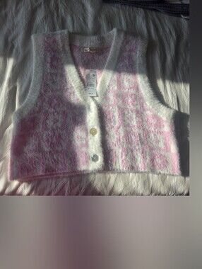Soft Knit Pink & White Patterned Button Vest - Women Sweaters